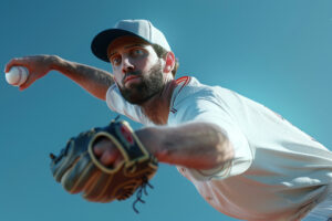 Lanceur de baseball en action, concentré sur le lancer
