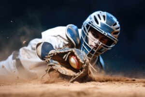 Un receveur de baseball attrape la balle en glissant dans la poussière