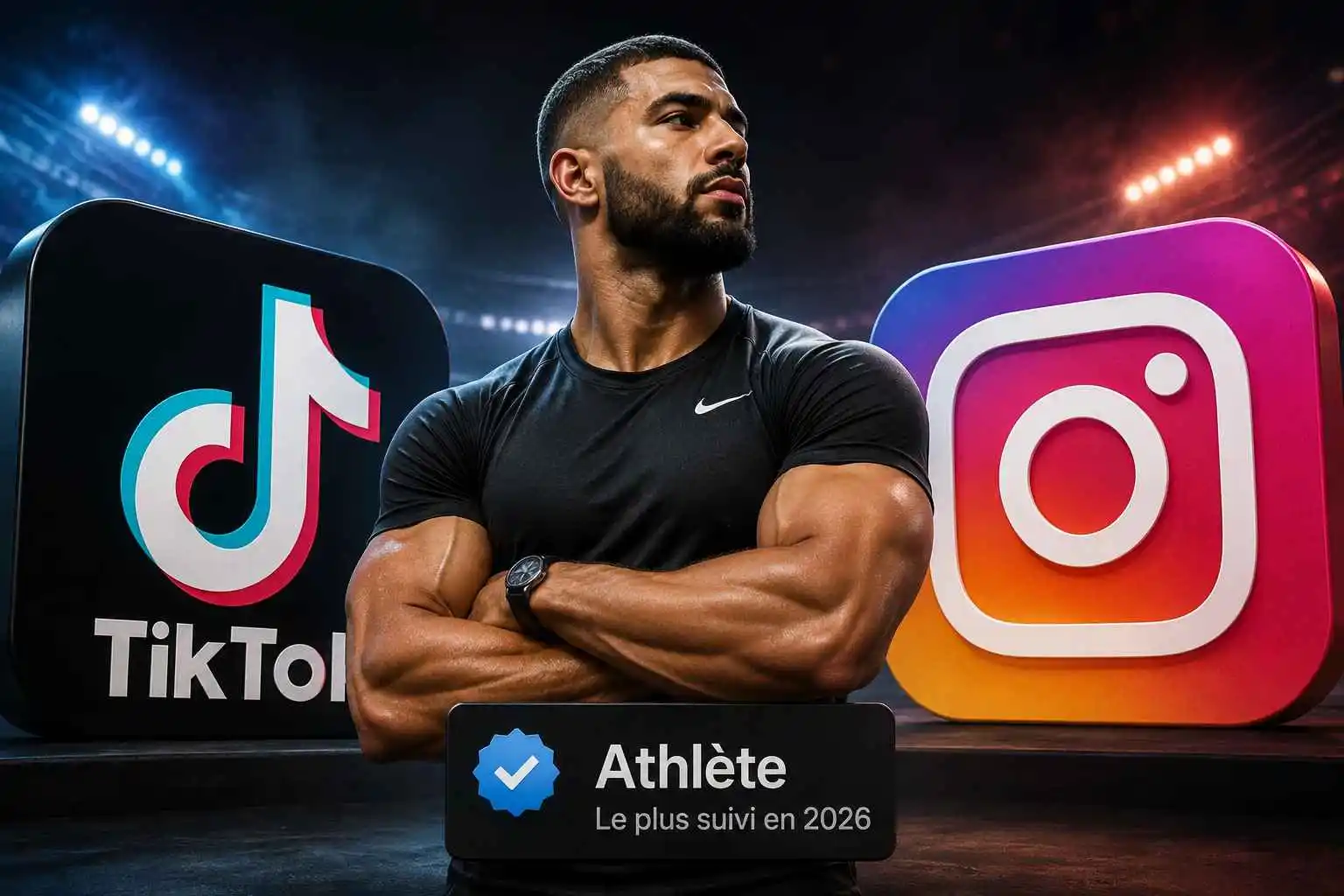 Athlète représentant les sportifs les plus suivis sur Instagram et TikTok en 2026 avec les réseaux sociaux en arrière-plan.