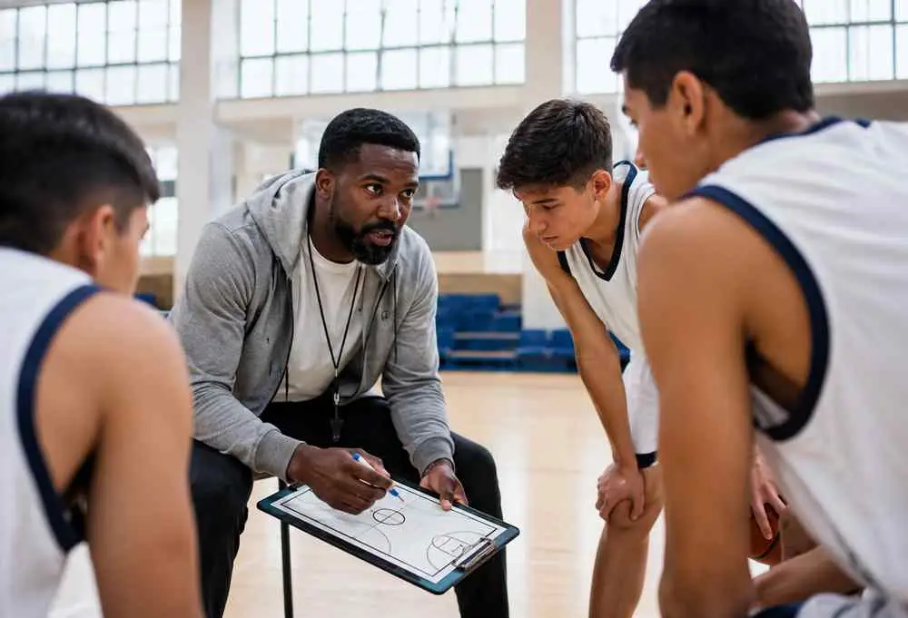 Basketball : les entraîneurs de génie derrière les meilleures équipes 9 Entraîneur de basketball expliquant une stratégie de jeu à ses joueurs lors d'un temps mort dans un gymnase.