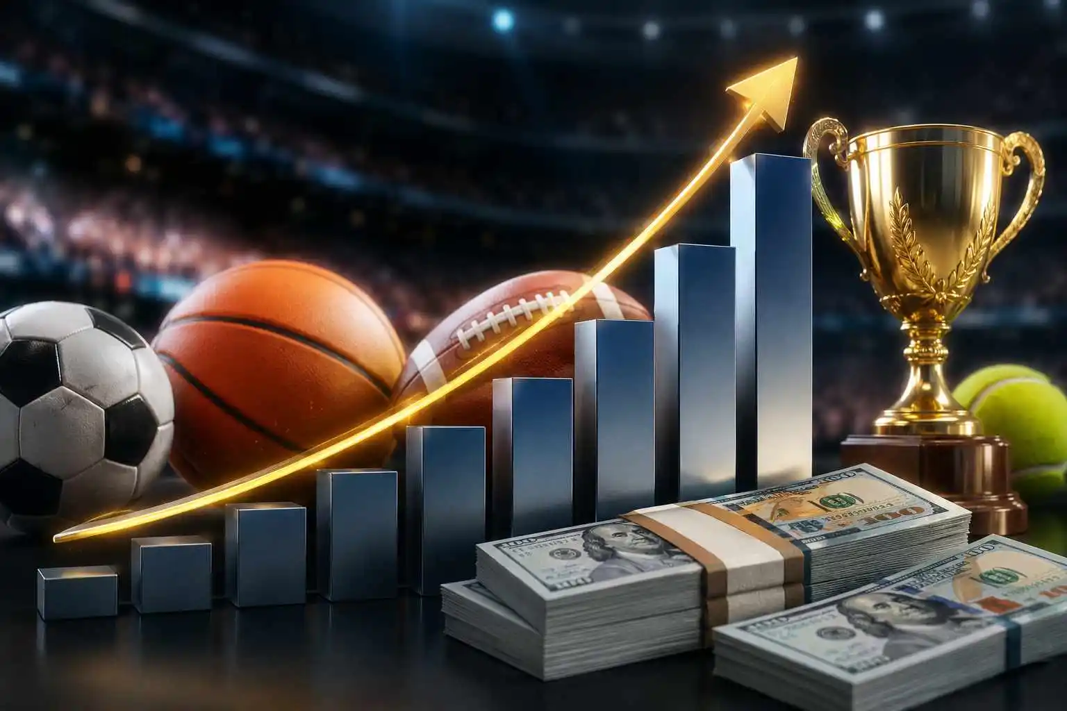Schéma illustrant la forte progression des revenus des athlètes les mieux payés en 2026 avec un graphique ascendant, des équipements sportifs, un trophée et des liasses de billets.