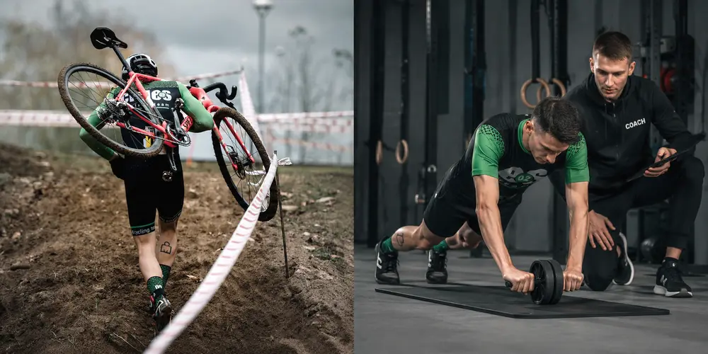 Fitness : les programmes d’entraînement des athlètes de haut niveau 8 Montage montrant un cycliste s'entraînant en extérieur puis réalisant une séance d'abdominaux avec son coach en salle de sport.