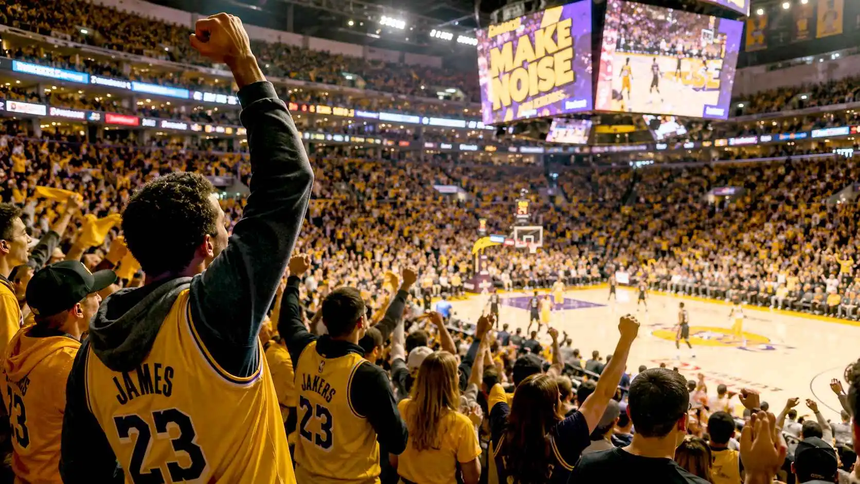 Supporters de basketball créant une ambiance électrique dans une salle comble pendant un match décisif.
