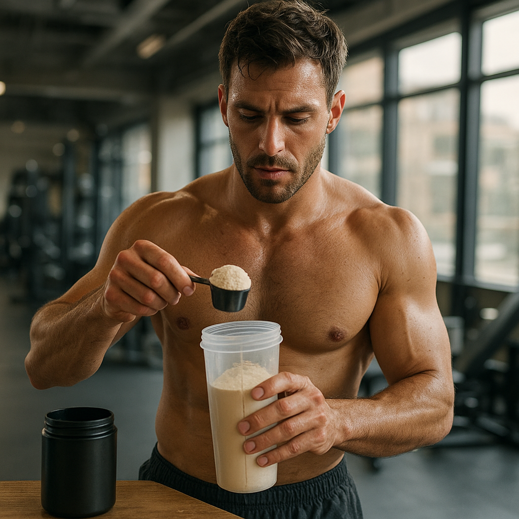 Sportif préparant un complément protéiné après l’entraînement