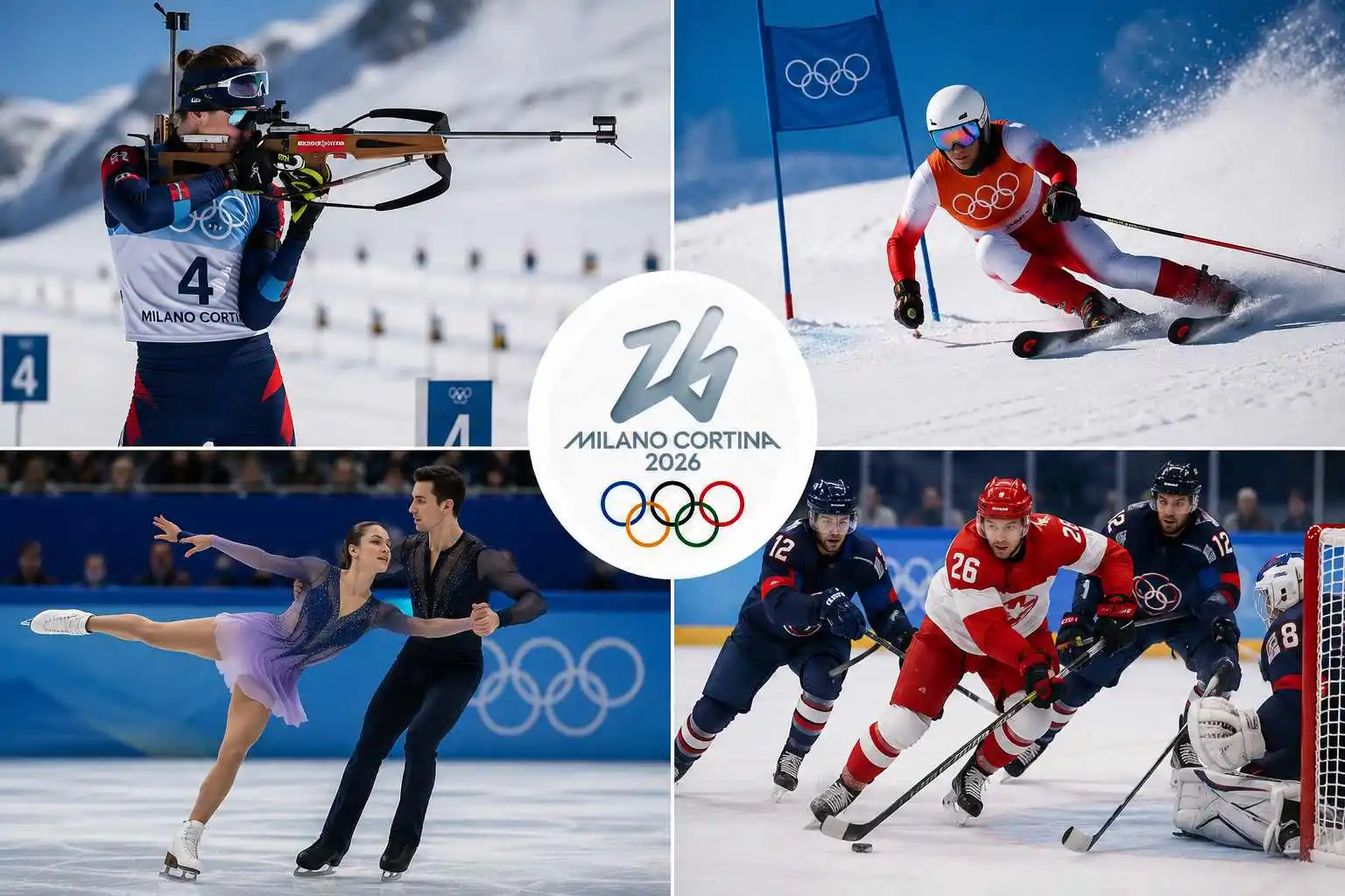 Montage illustrant le biathlon, le ski alpin, le patinage artistique et le hockey sur glace des Jeux olympiques d'hiver de Milano Cortina 2026.
