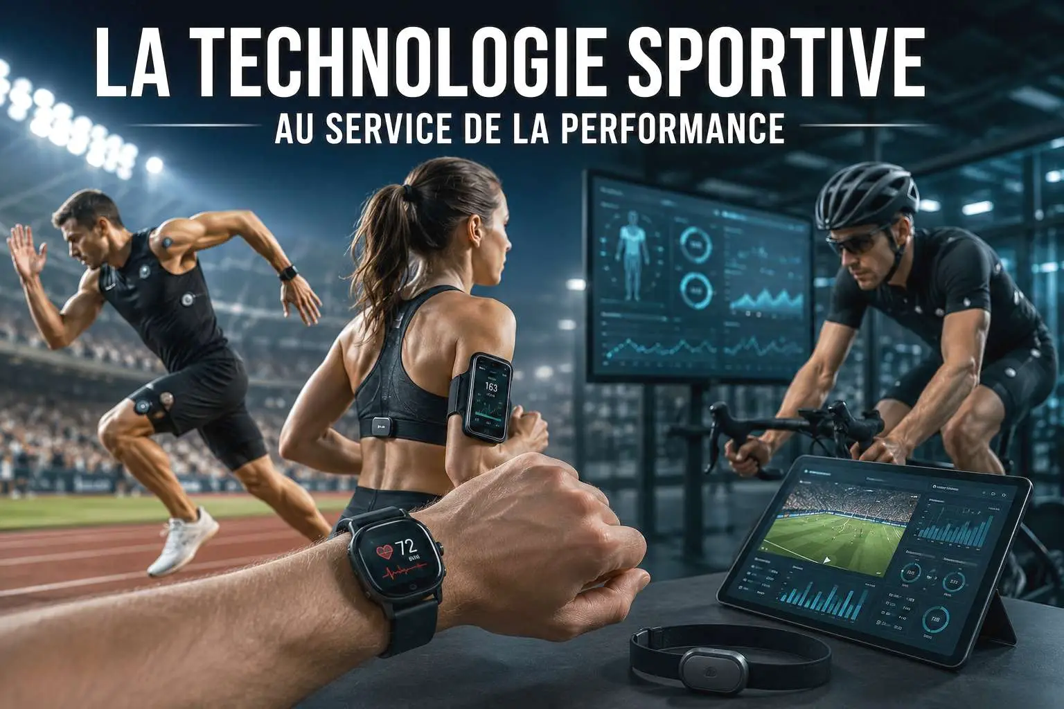 Athlètes utilisant des technologies sportives connectées pour améliorer leurs performances grâce aux données biométriques, à l'intelligence artificielle et aux objets connectés.