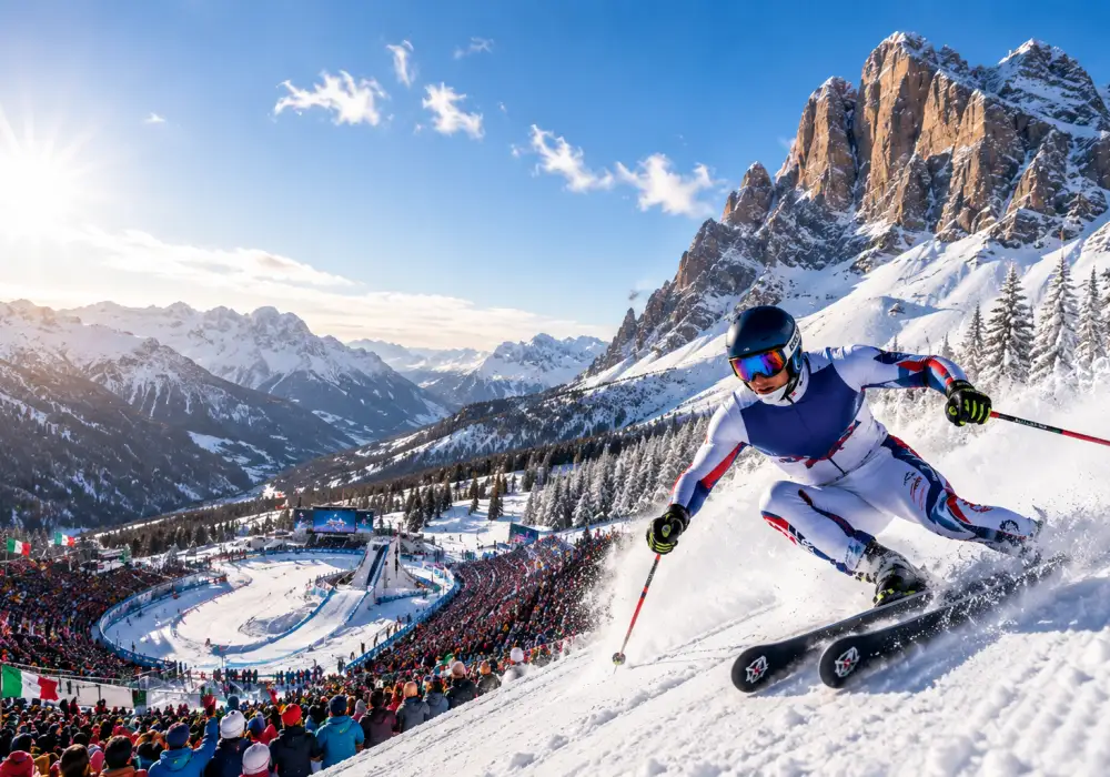 Pourquoi les Jeux Olympiques 2026 battent déjà tous les records d’audience ? 2 Une athlète en action sous les projecteurs, devant un public attentif et des caméras.