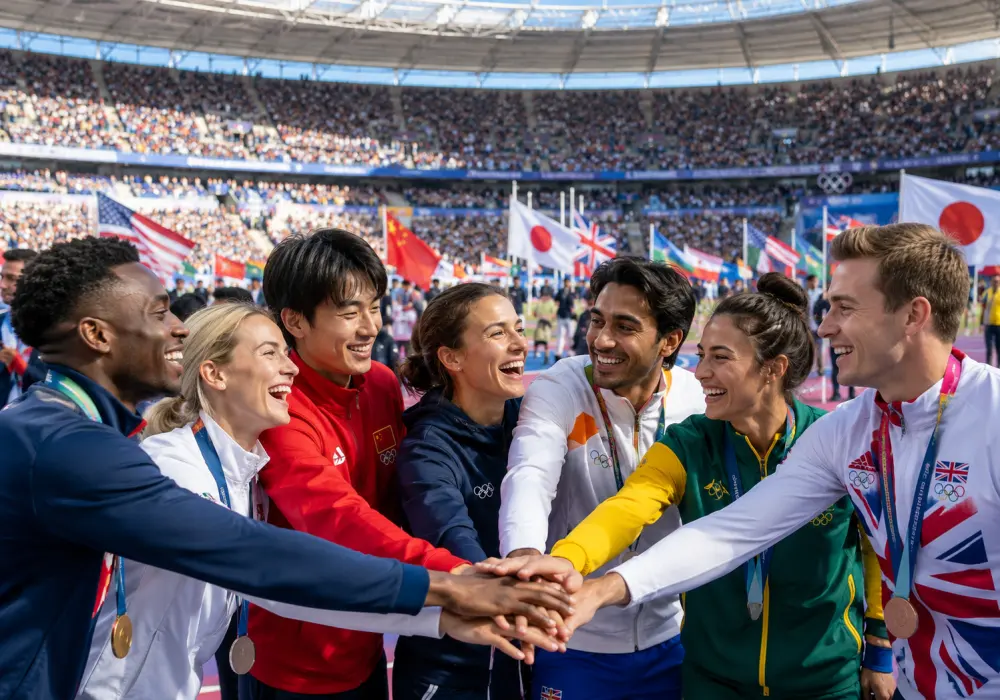 Comment les Jeux Olympiques 2026 unissent les cultures à travers le monde ? 2 Un athlète olympique salue le public sous les projecteurs, entouré de caméras et de supporters.