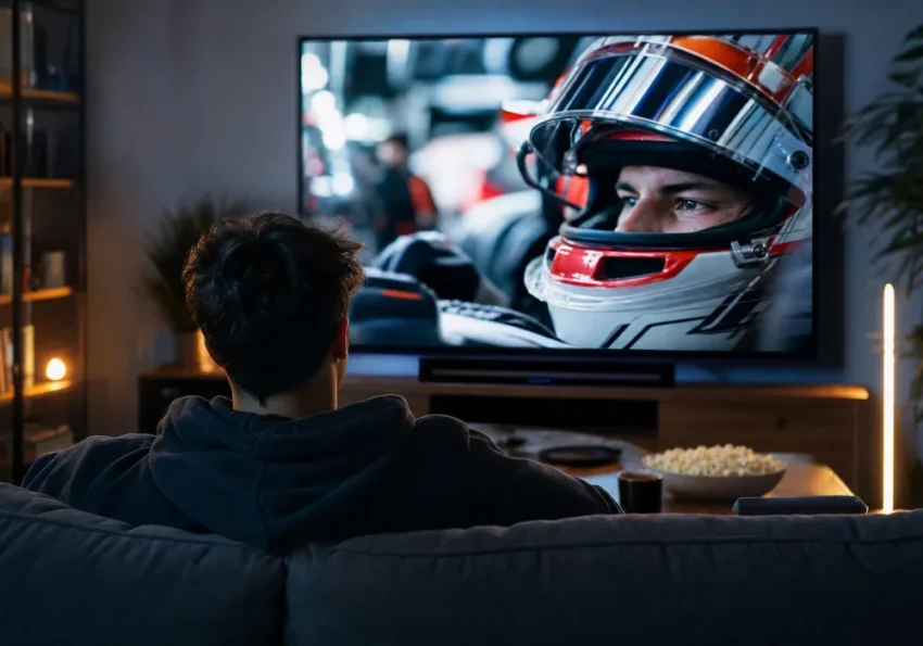 Pourquoi les documentaires sportifs explosent sur Netflix en 2026 ? 2 Un salon contemporain avec une télévision montrant une scène de paddock de Formule 1 et un spectateur attentif.