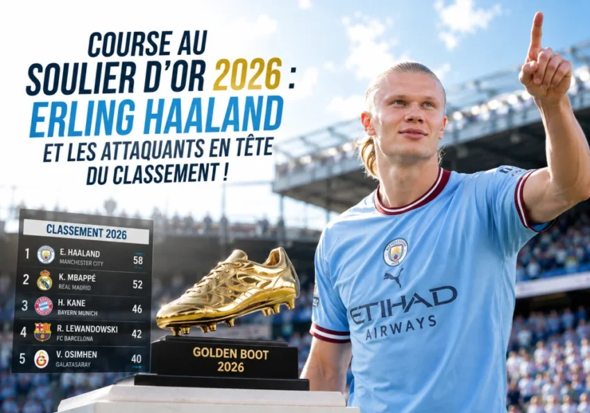 Erling Haaland célébrant après un match, symbole de la course au Soulier d’Or.