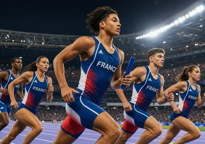 Un jeune sprinteur français s’élance sur une piste d’athlétisme, entouré d’autres athlètes en préparation.