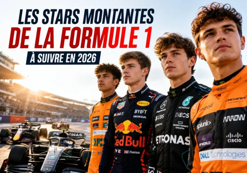 Un jeune pilote de Formule 1 en combinaison, prêt à prendre le départ sur la grille.