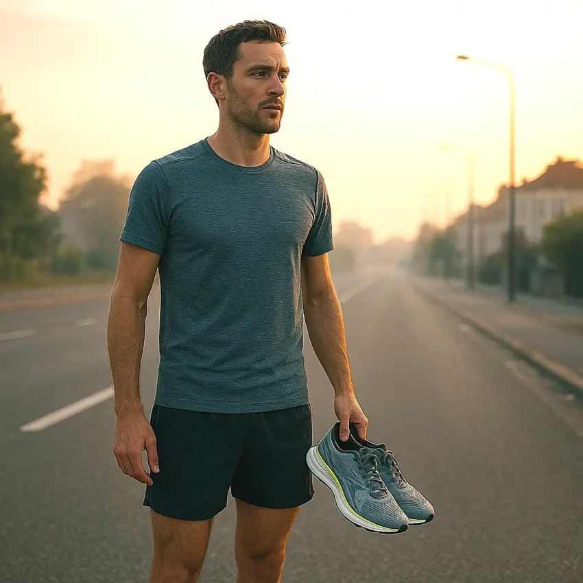 Meilleures chaussures de running route : comment choisir selon son profil ? 3 Une paire de chaussures de running posée sur une surface sombre, prête à être utilisée sur route.