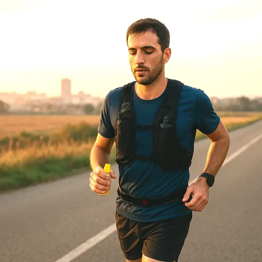Nutrition pour le running longue distance : quoi manger avant et pendant la course ? 5 Athlète en course à pied en pleine séance d'entraînement avec aliments nutritifs visibles