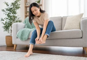 Pied gauche qui fourmille : comment comprendre ce symptôme ? 2 Une personne examine son pied gauche avec les orteils légèrement relevés dans un salon lumineux.