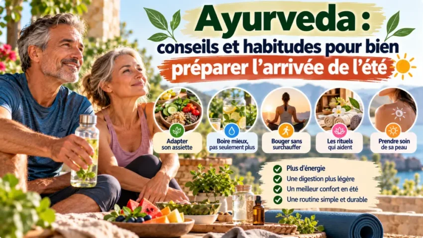 Ayurveda : conseils et habitudes pour bien préparer l’arrivée de l’été 1 un couple assis sur une terrasse ensoleillée avec plat de salade et fruits, boisson infusée et décor végétal; paysage lointain