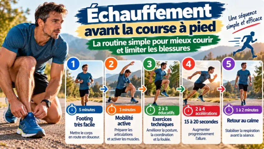 Échauffement avant la course à pied : la routine simple pour mieux courir et limiter les blessures 5 Homme en t-shirt bleu nouant ses chaussures sur un chemin extérieur, avec arbres et montagnes à l'arrière-plan.