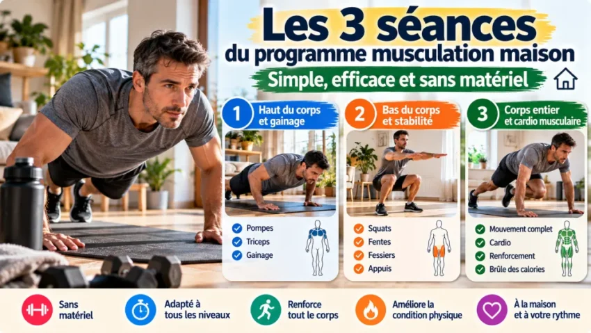 Homme brun en t-shirt gris effectue un push-up sur tapis; derrière lui, un poster coloré décrit trois séances musculation.